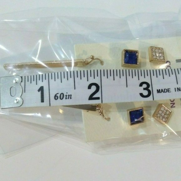 3/$10 Gold Tone Blue Square & Dangle Earrings 3pc - Picture 4 of 6